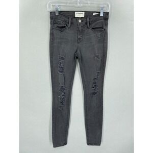 FRAME Jeans 26 Le Skinny Black Distressed Ankle St Quentin Slash Ripped Designer